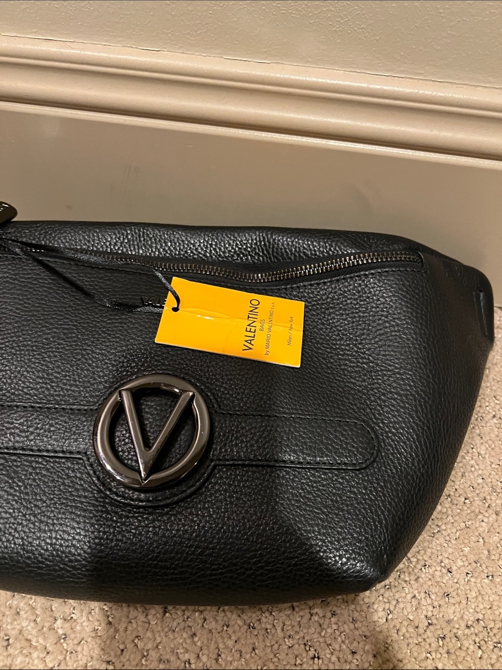 Mario Valentino Black Leather Belt Bag with V Logo